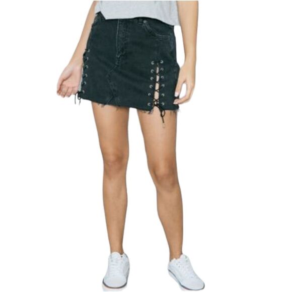 TOPSHOP Moto black mini skirt lace up goth raw‎ hem distressed 8 - Picture 1 of 9